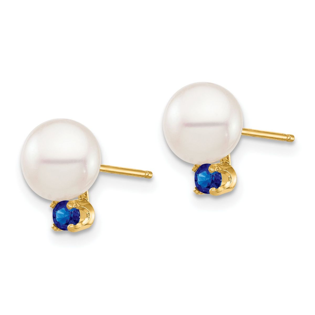 1/5 ct. t.w. Sapphire and 7-7.5mm White Round Freshwater Cultured Pearl Post Earrings in 14K Yellow Gold
