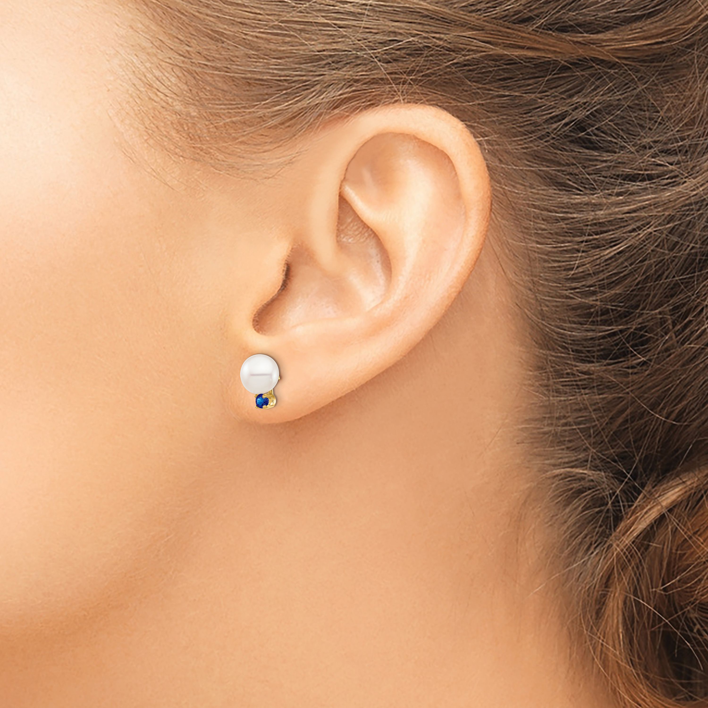 1/5 ct. t.w. Sapphire and 7-7.5mm White Round Freshwater Cultured Pearl Post Earrings in 14K Yellow Gold