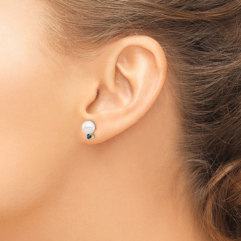 1/5 ct. t.w. Sapphire and 7-7.5mm White Round Freshwater Cultured Pearl Post Earrings in 14K Yellow Gold