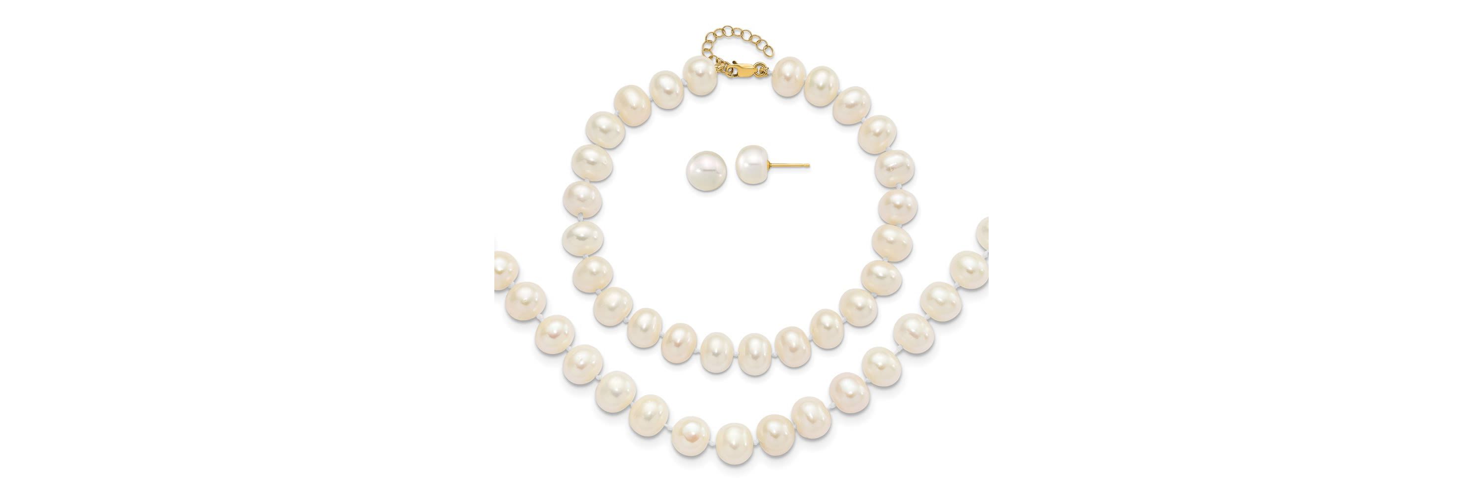 14K Yellow Gold 8-9mm Near Round Freshwater Cultured Pearl Earring with 1-inch Ext. Bracelet with 2-inch Ext. Necklace Set