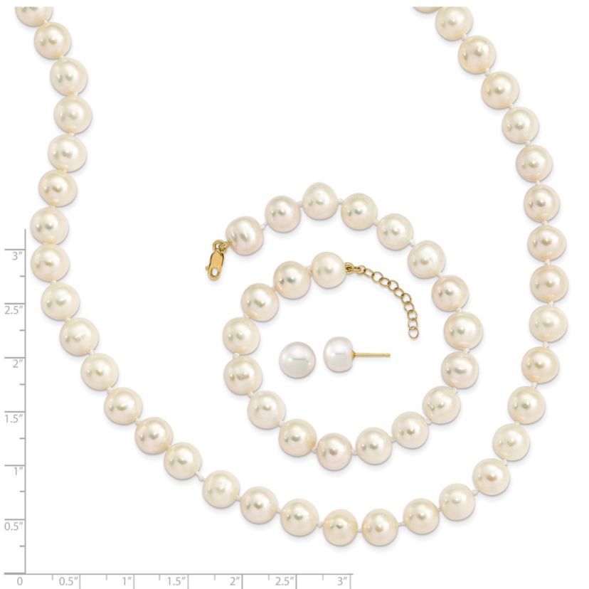 14K Yellow Gold 8-9mm Near Round Freshwater Cultured Pearl Earring with 1-inch Ext. Bracelet with 2-inch Ext. Necklace Set
