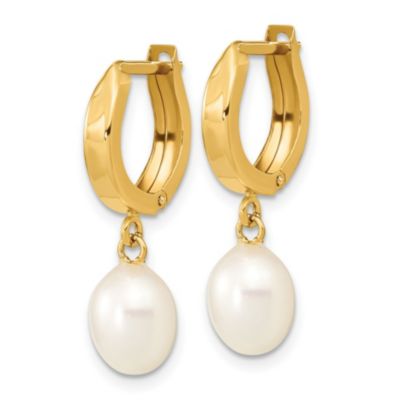 14K Yellow Gold 6-7mm Rice White Freshwater Cultured Pearl Hoop Dangle Earrings