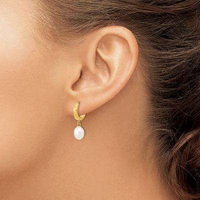 14K Yellow Gold 6-7mm Rice White Freshwater Cultured Pearl Hoop Dangle Earrings