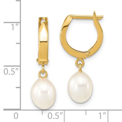 14K Yellow Gold 6-7mm Rice White Freshwater Cultured Pearl Hoop Dangle Earrings