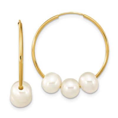 Belk & Co 14K Yellow Gold 6-7mm Semi-round White Freshwater Cultured Pearl Hoop Dangle Earrings