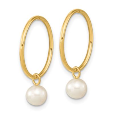 14K Yellow Gold 5-6mm Round White Freshwater Cultured Pearl Hoop Earrings