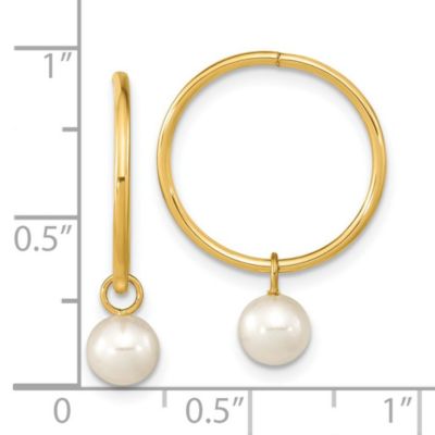 14K Yellow Gold 5-6mm Round White Freshwater Cultured Pearl Hoop Earrings