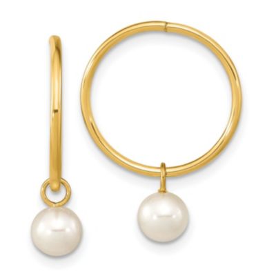 14K Yellow Gold 5-6mm Round White Freshwater Cultured Pearl Hoop Earrings