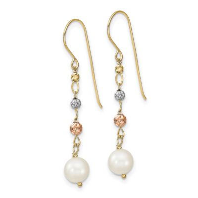 14K Tri-color Diamond-cut Freshwater Cultured Pearls Dangle Earrings