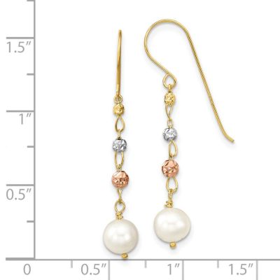14K Tri-color Diamond-cut Freshwater Cultured Pearls Dangle Earrings