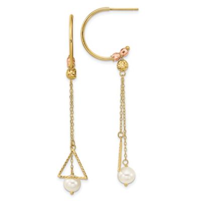 14K Yellow and Rose Gold Half Circle Diamond-cut 6mm Freshwater Cultured Pearl Dangle Earrings