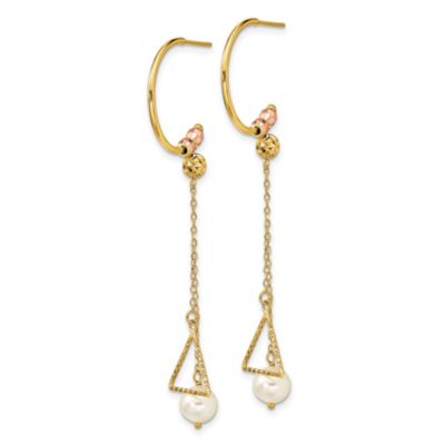 14K Yellow and Rose Gold Half Circle Diamond-cut 6mm Freshwater Cultured Pearl Dangle Earrings