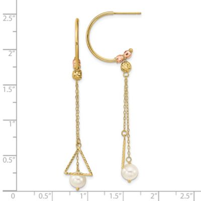 14K Yellow and Rose Gold Half Circle Diamond-cut 6mm Freshwater Cultured Pearl Dangle Earrings