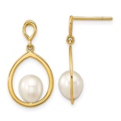 14K Yellow Gold 6-7mm Teardrop White Freshwater Cultured Pearl Dangle Earrings