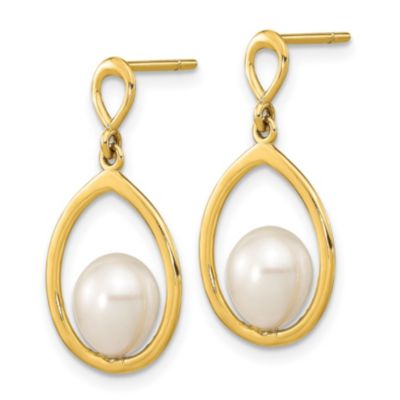 14K Yellow Gold 6-7mm Teardrop White Freshwater Cultured Pearl Dangle Earrings