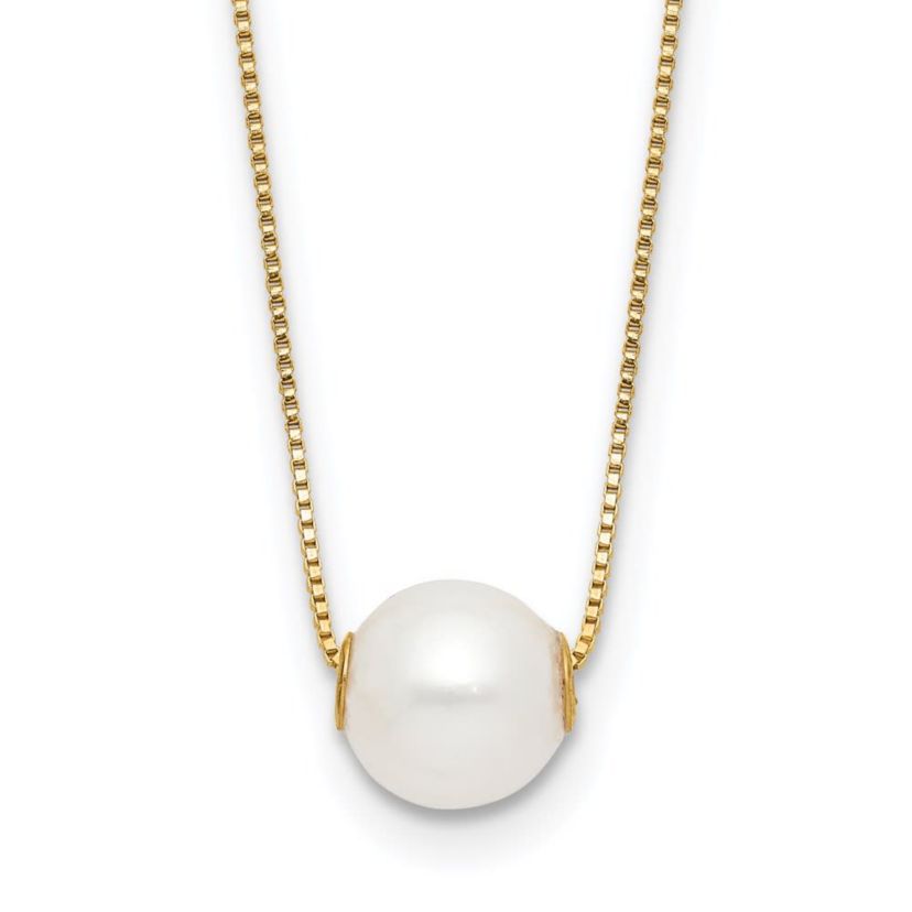 14K Yellow Gold 7-8mm Round White Freshwater Cultured Pearl 18 Inch Necklace