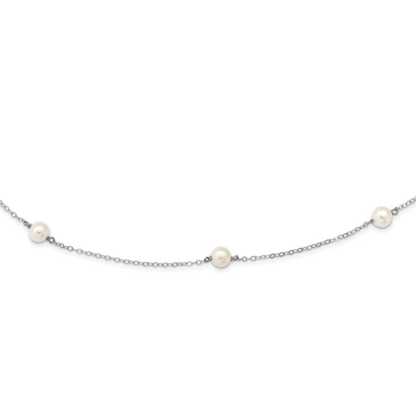 14K White Gold 5-6mm Round White Freshwater Cultured Pearl 7 Station Necklace