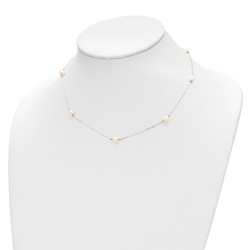 14K White Gold 5-6mm Round White Freshwater Cultured Pearl 7 Station Necklace
