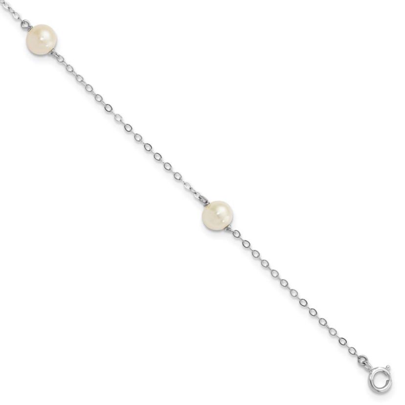 14K White Gold 5-6mm Round White Freshwater Cultured Pearl 3 Station Bracelet