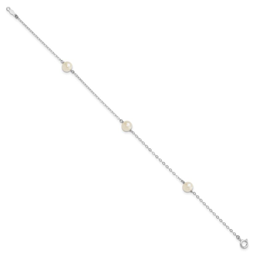 14K White Gold 5-6mm Round White Freshwater Cultured Pearl 3 Station Bracelet