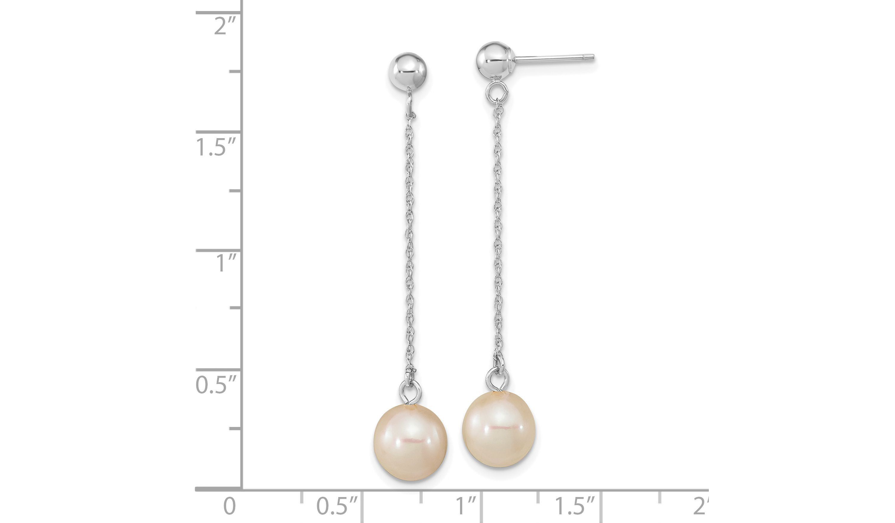 14K White Gold 7-8mm White Round Freshwater Cultured Pearl Dangle Post Earrings