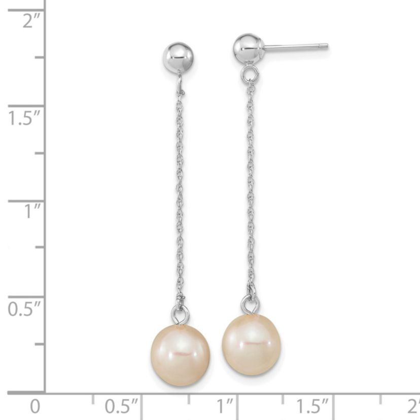 14K White Gold 7-8mm White Round Freshwater Cultured Pearl Dangle Post Earrings