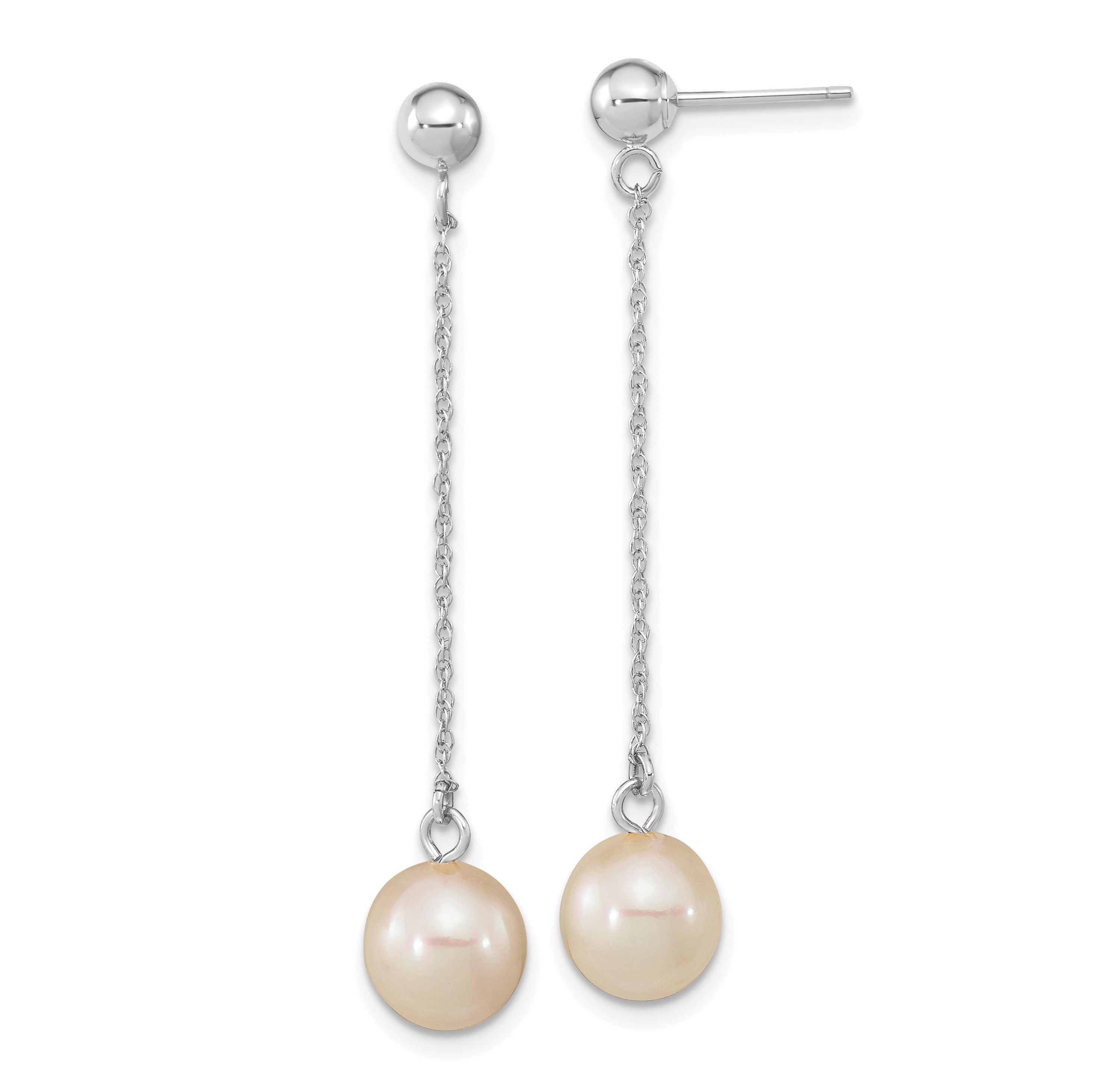 14K White Gold 7-8mm White Round Freshwater Cultured Pearl Dangle Post Earrings