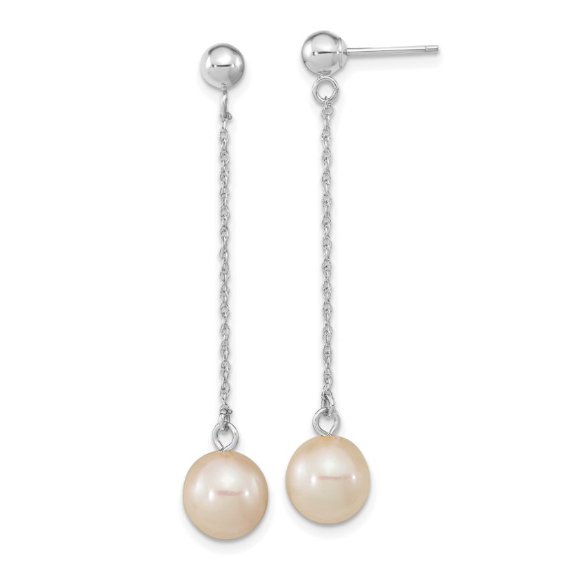 14K White Gold 7-8mm White Round Freshwater Cultured Pearl Dangle Post Earrings