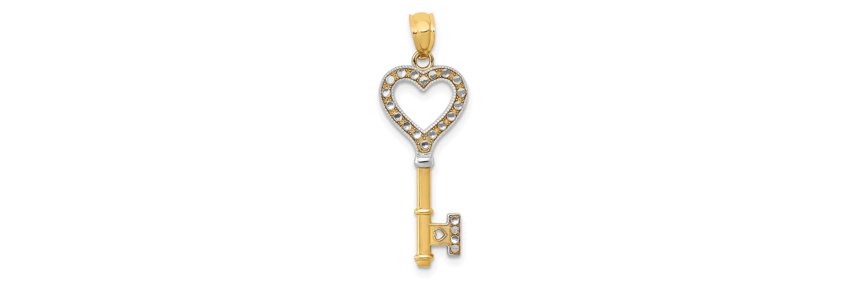 14K Yellow Gold with White Rhodium Polished Heart Key Charm