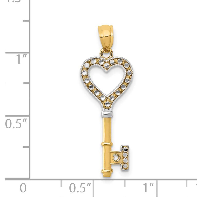 14K Yellow Gold with White Rhodium Polished Heart Key Charm
