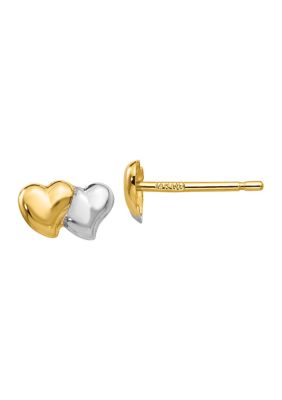 14K Yellow Gold with Rhodium Polished Heart Post Earrings