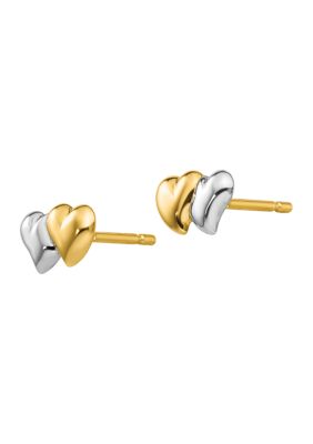 14K Yellow Gold with Rhodium Polished Heart Post Earrings