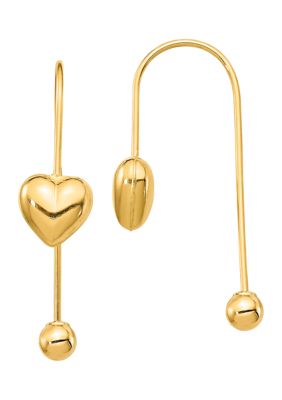 14K Yellow Gold Puffed Heart with Screw End Threader Earrings