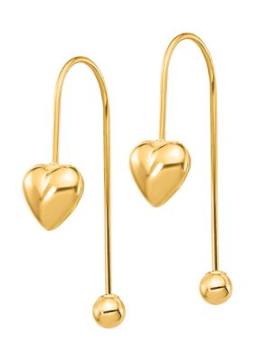 14K Yellow Gold Puffed Heart with Screw End Threader Earrings
