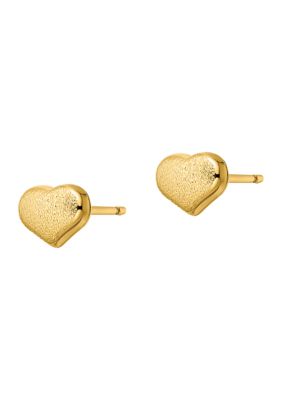 14K Yellow Gold Satin and Polished Heart Post Earrings