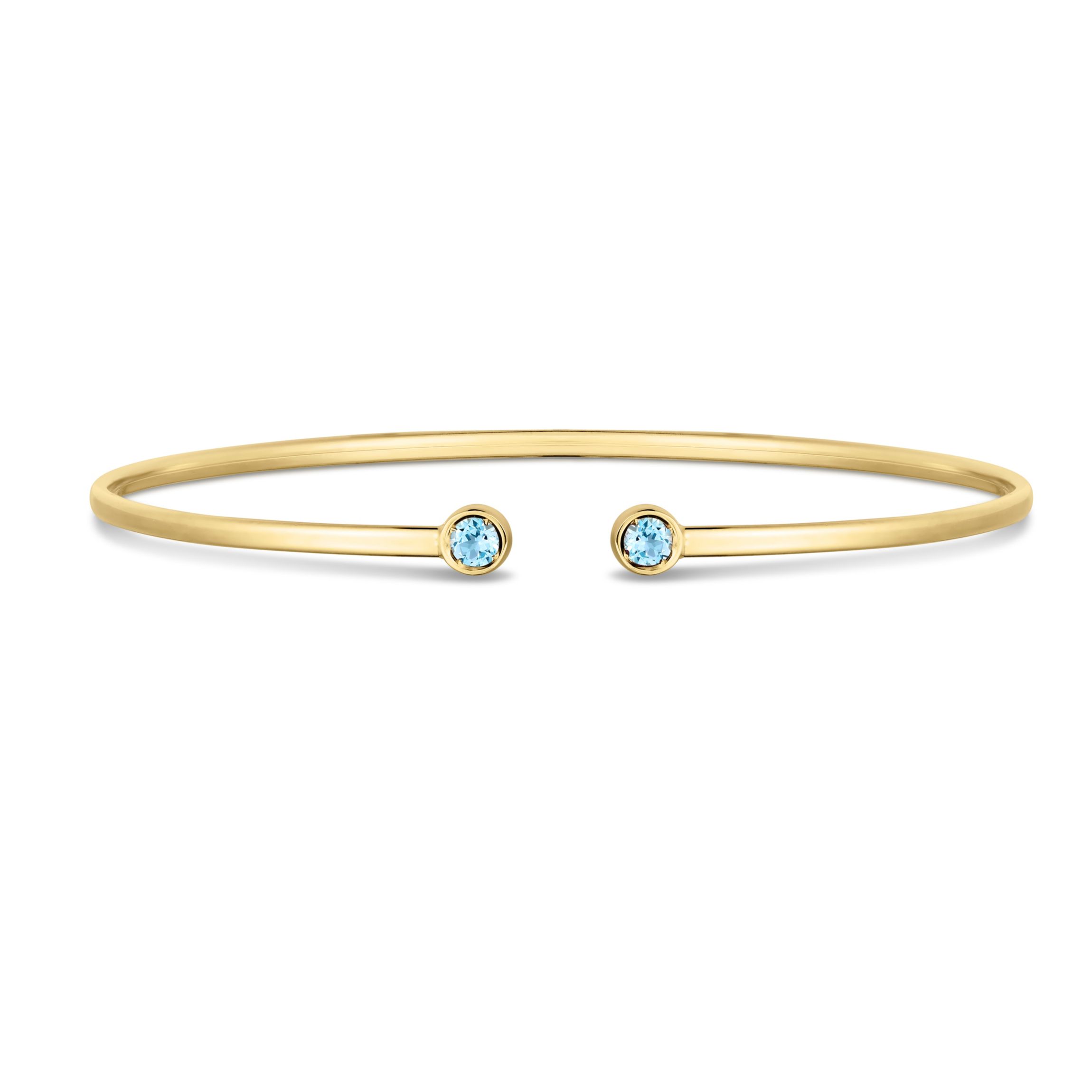 14K Yellow Gold  Cuff Bangle With Round Blue Topaz