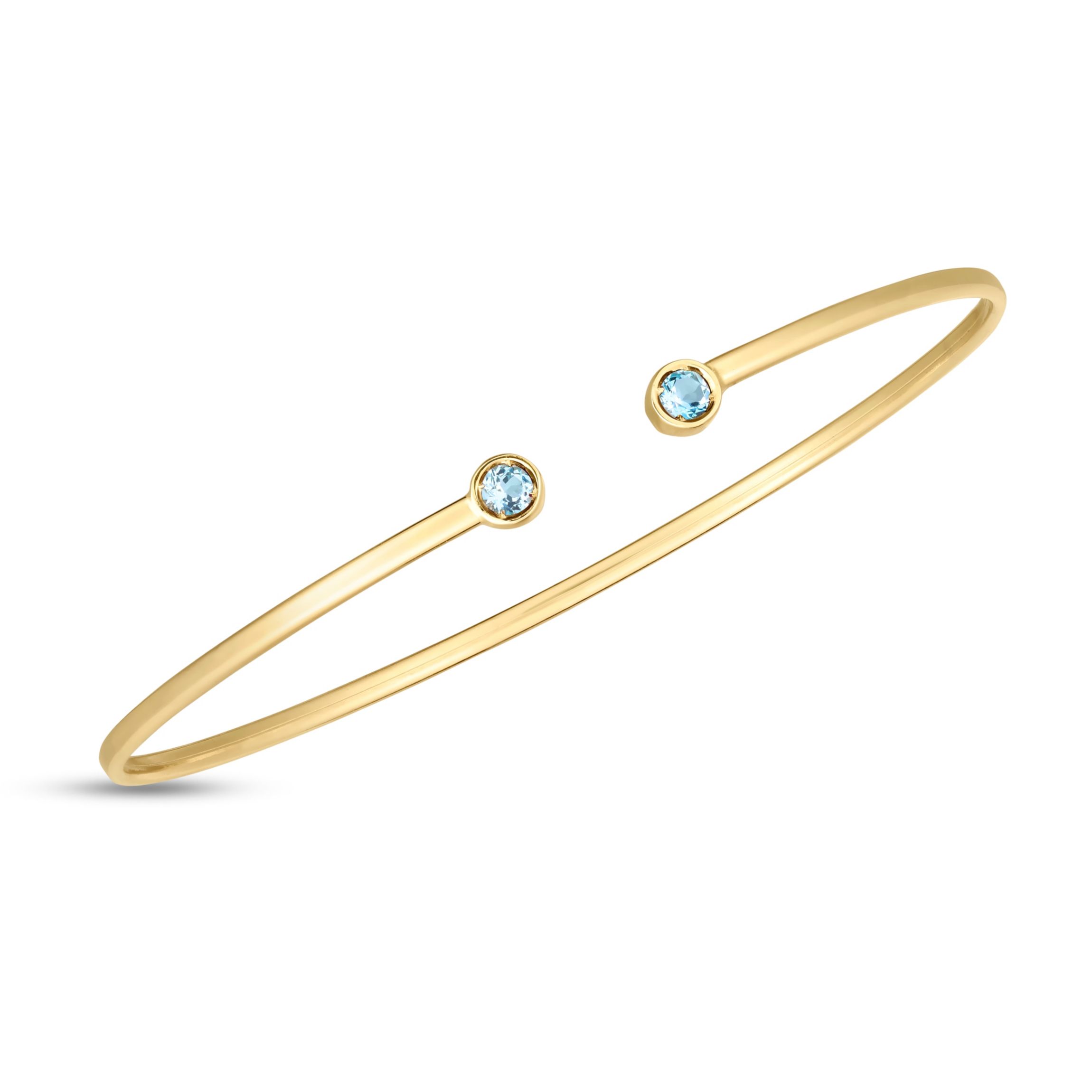 14K Yellow Gold  Cuff Bangle With Round Blue Topaz