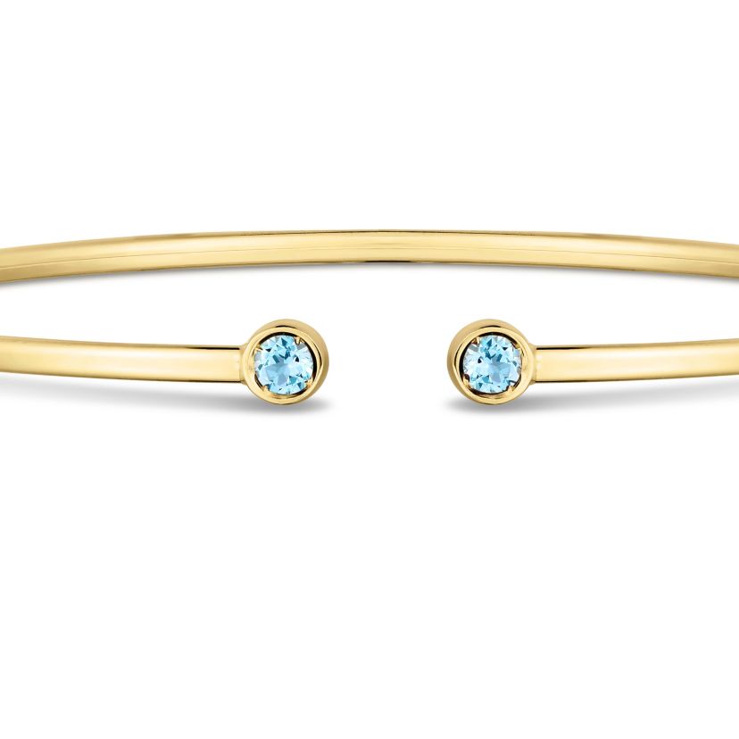 14K Yellow Gold  Cuff Bangle With Round Blue Topaz