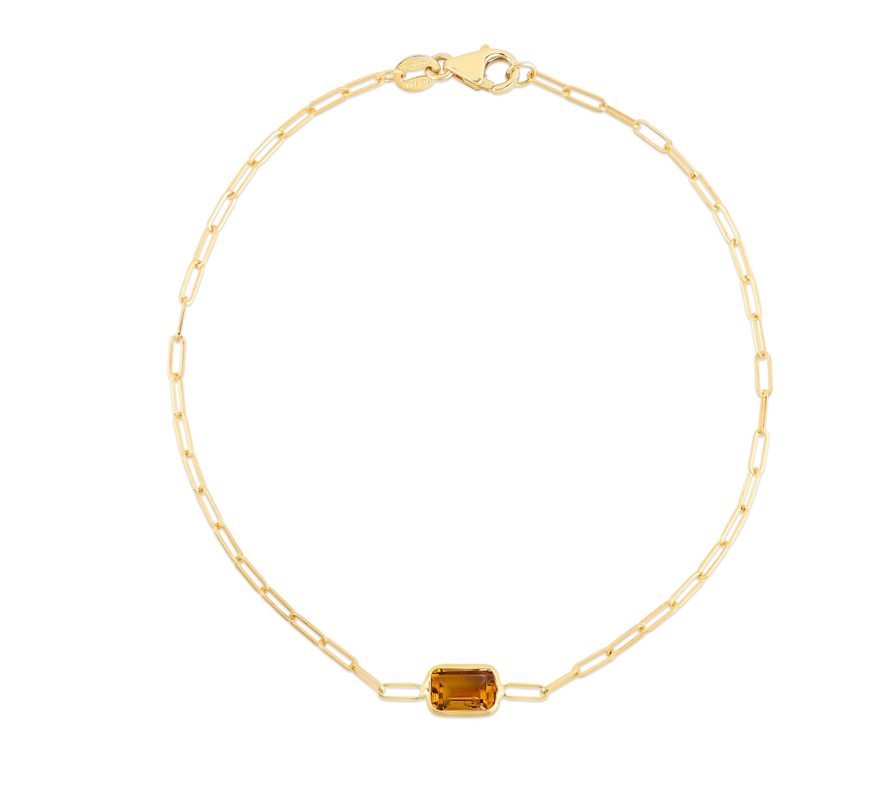 14K Yellow Gold  Paperclip Bracelet With Baguette Citrine