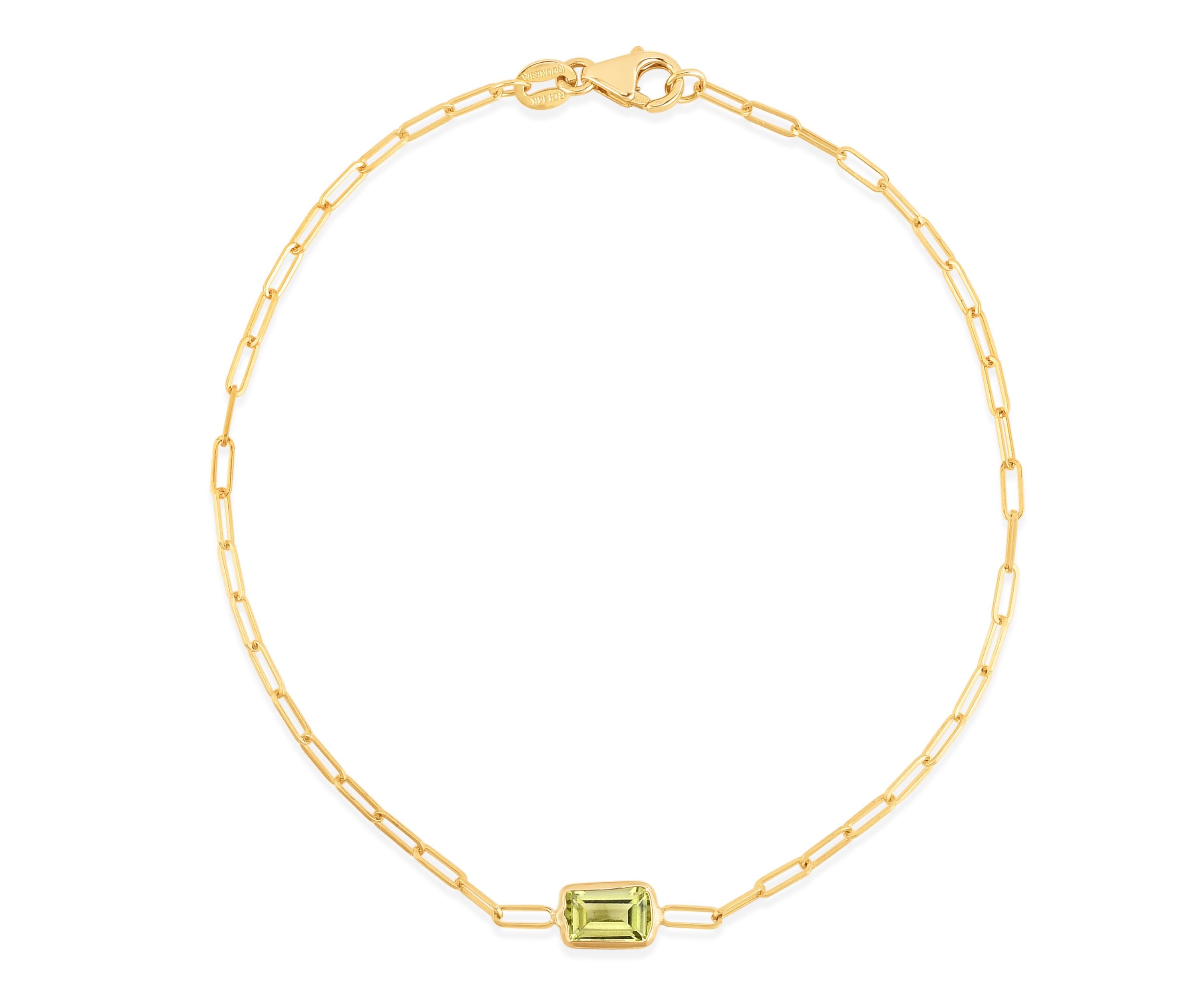 14K Yellow Gold  Paperclip Bracelet With Baguette Peridot