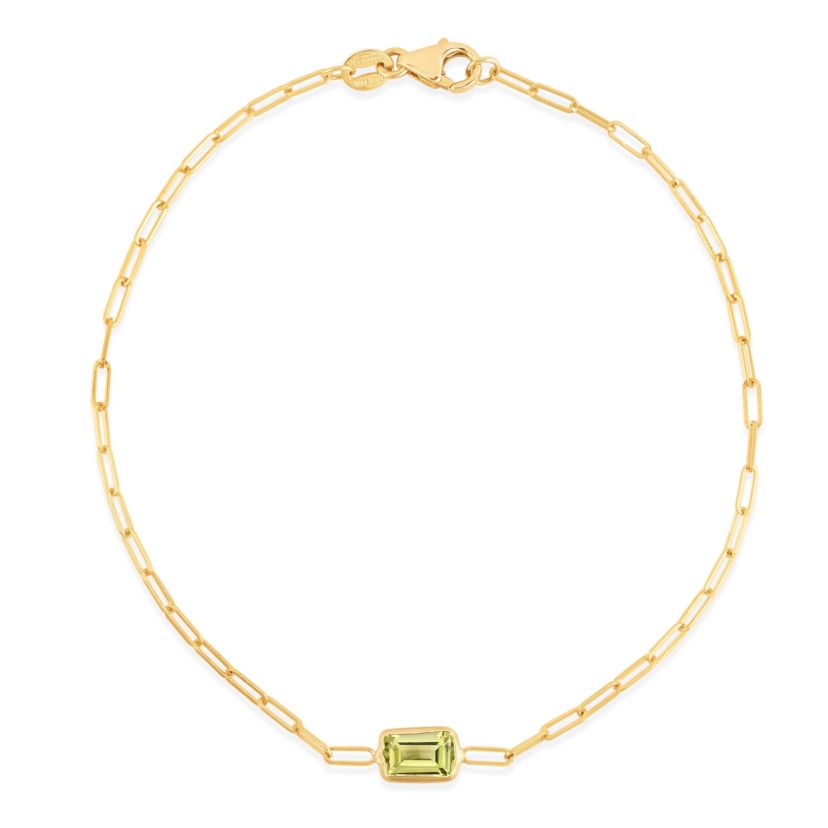 14K Yellow Gold  Paperclip Bracelet With Baguette Peridot