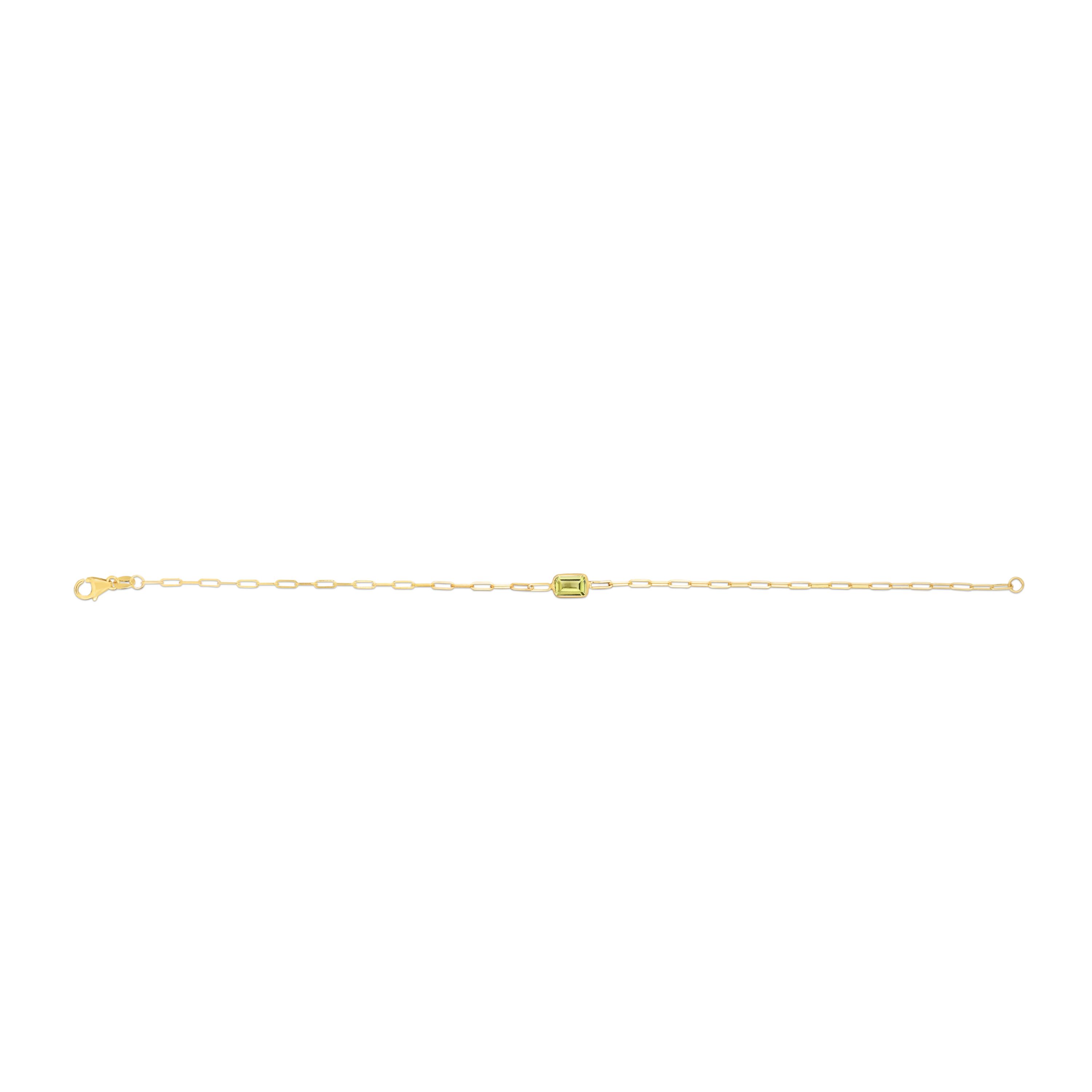 14K Yellow Gold  Paperclip Bracelet With Baguette Peridot