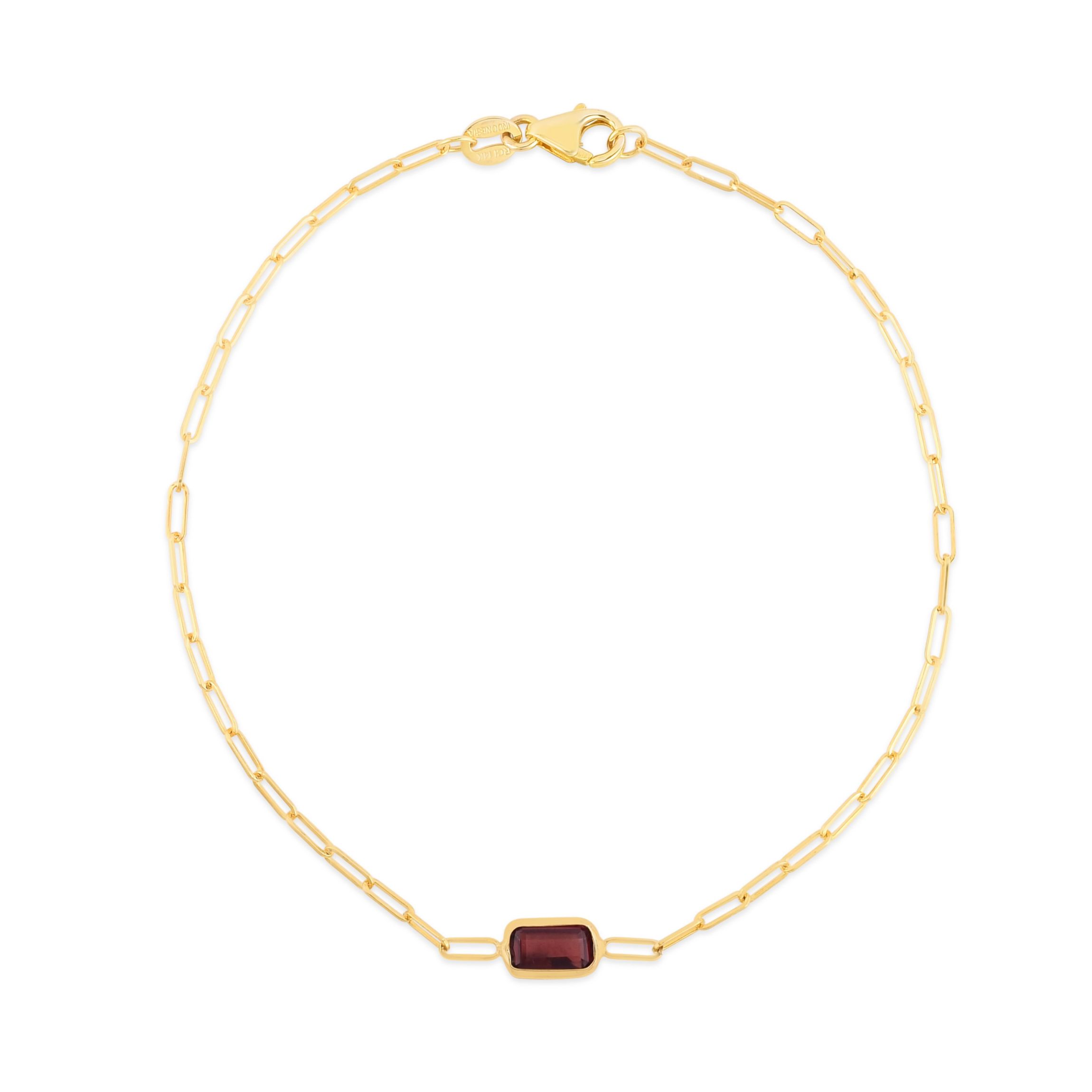 14K Yellow Gold  Paperclip Bracelet With Baguette Garnet