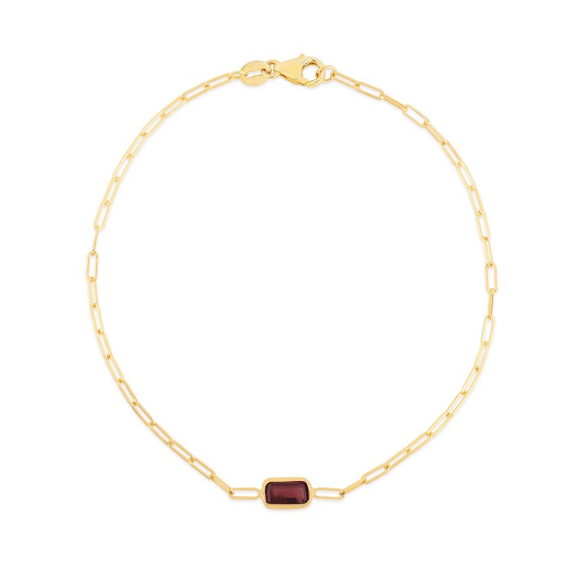 14K Yellow Gold  Paperclip Bracelet With Baguette Garnet