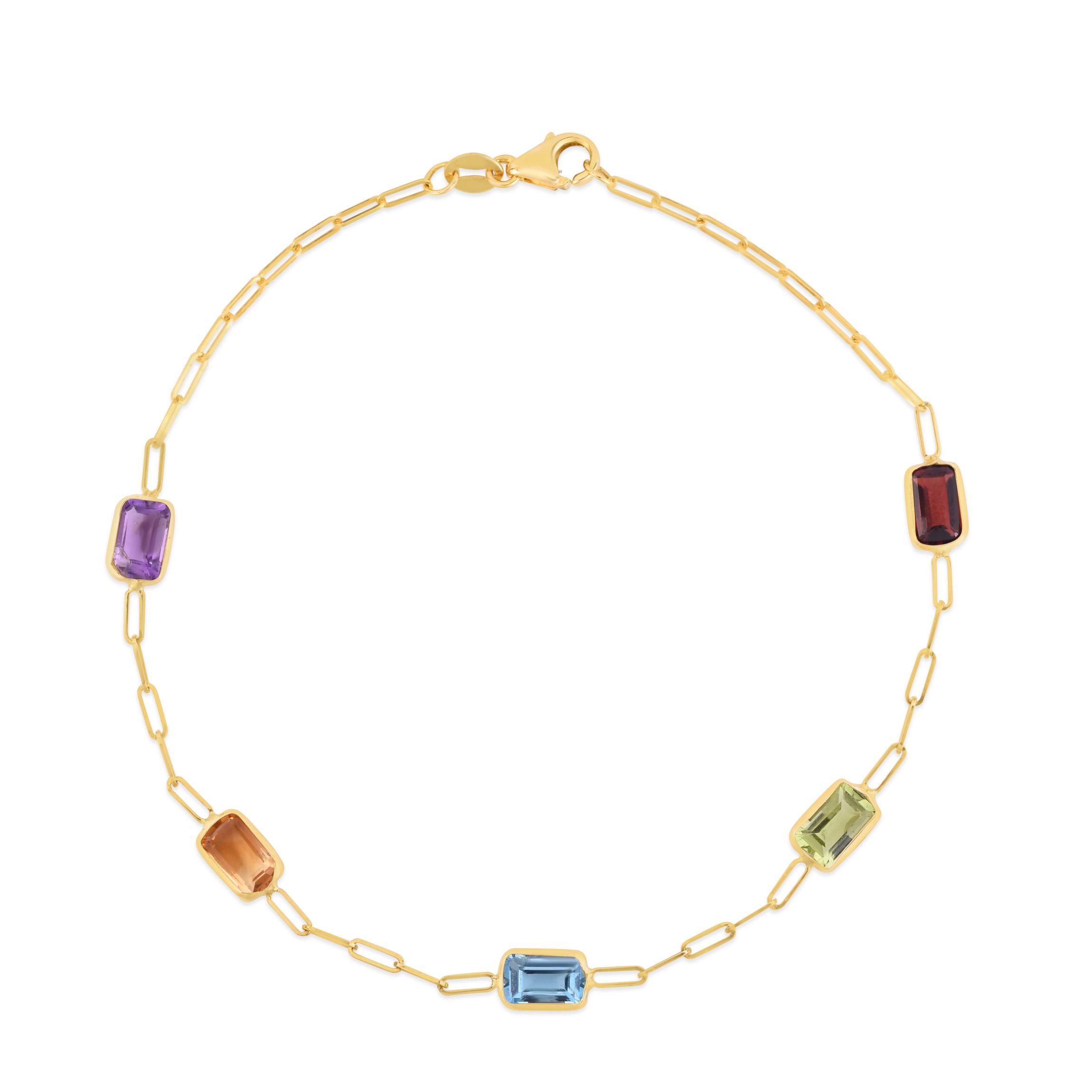 14K Yellow Gold  Paperclip Bracelet With Multiple Stones