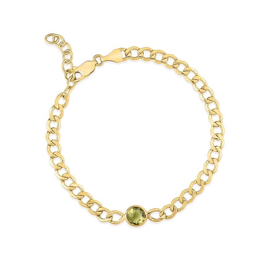 14K Yellow Gold  Curb Bracelet With Round Peridot