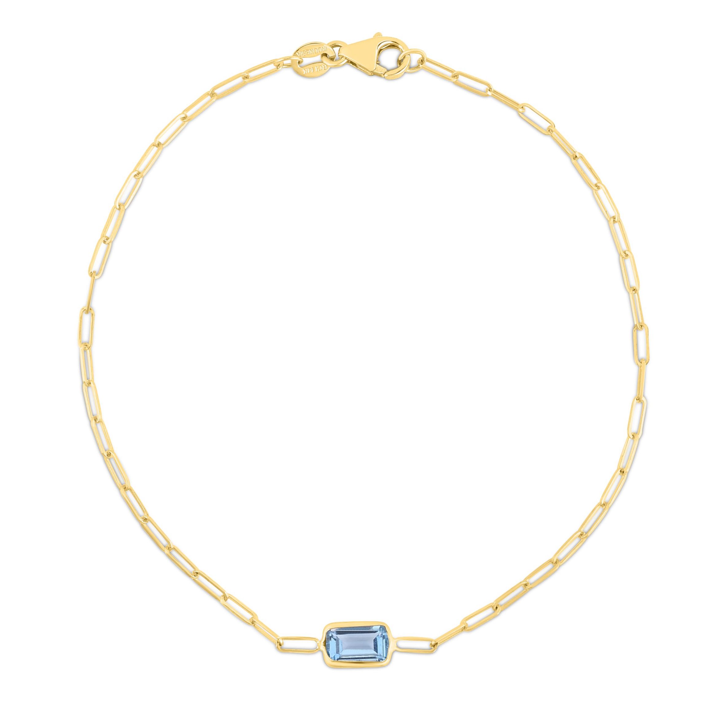 14K Yellow Gold  Paperclip Bracelet With Baguette Blue Topaz