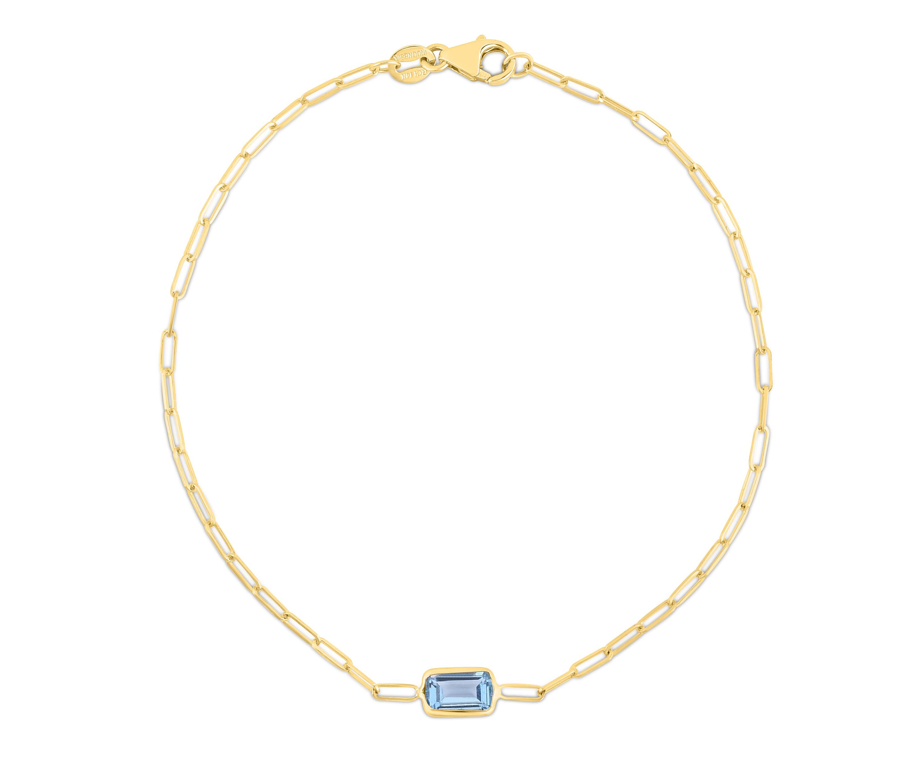 14K Yellow Gold  Paperclip Bracelet With Baguette Blue Topaz