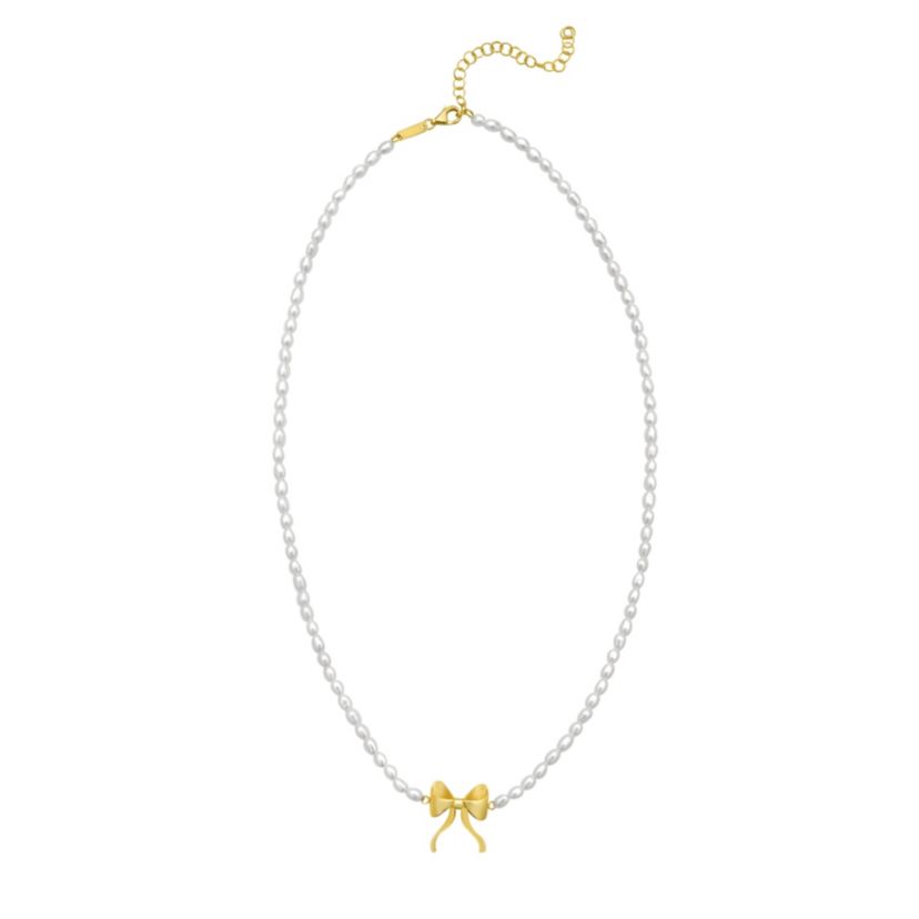 14K 18In Bowtie Elemant On Pearl Strand w/ Lobster Clasp-w/Ext
