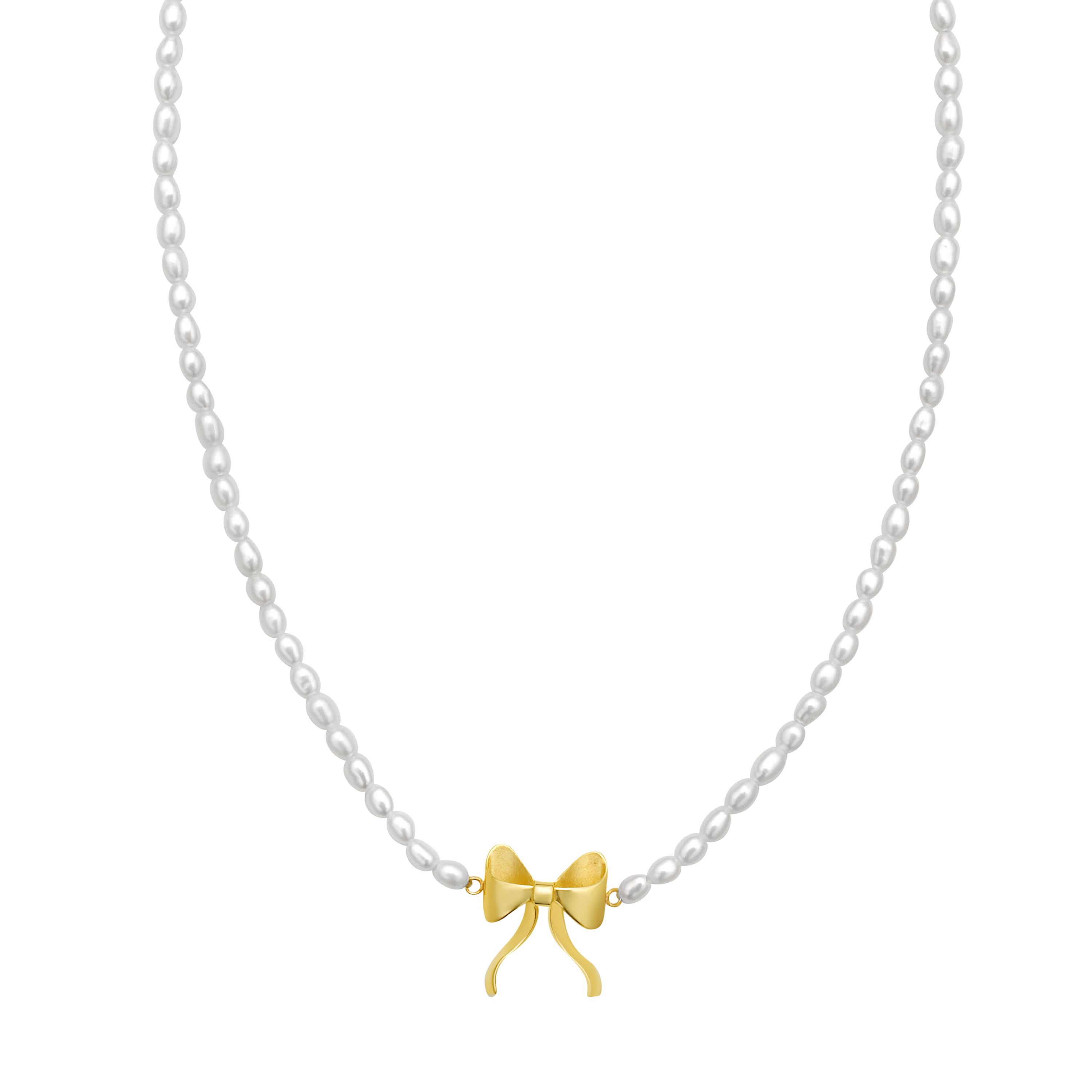 14K 18In Bowtie Elemant On Pearl Strand w/ Lobster Clasp-w/Ext